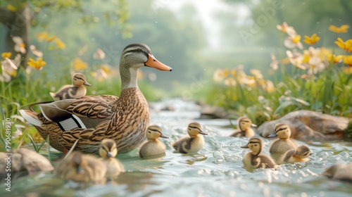 A mother duck is leading her ducklings across a stream