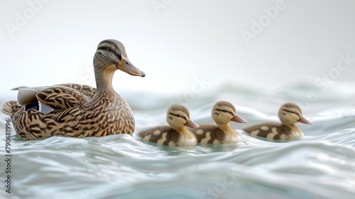 A mother duck is leading her three ducklings through the water