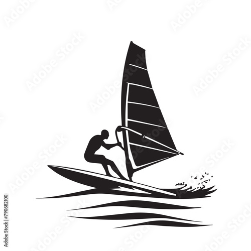 Wind surfing in cartoon, doodle style . Image for t-shirt, web, mobile apps and ui. Isolated 2d vector illustration in logo, icon, sketch style, Eps 10, black and white. AI Generative