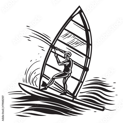 Wind surfing in cartoon, doodle style . Image for t-shirt, web, mobile apps and ui. Isolated 2d vector illustration in logo, icon, sketch style, Eps 10, black and white. AI Generative