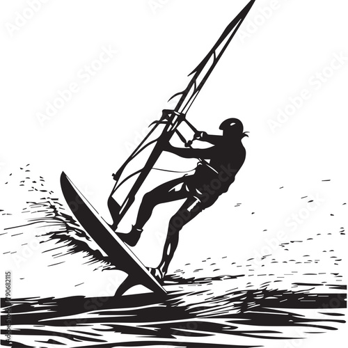 Wind surfing in cartoon, doodle style . Image for t-shirt, web, mobile apps and ui. Isolated 2d vector illustration in logo, icon, sketch style, Eps 10, black and white. AI Generative