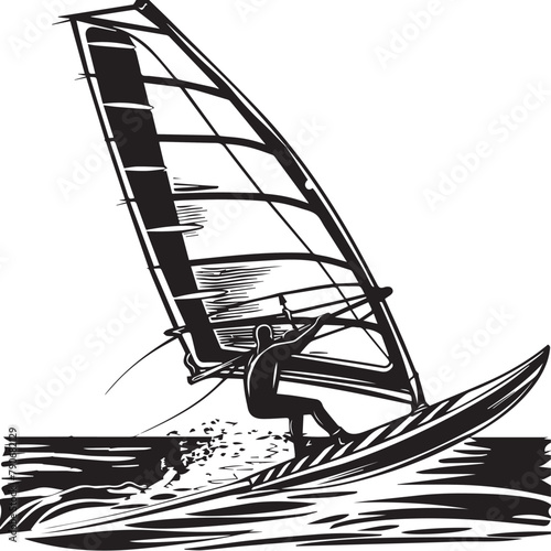 Wind surfing in cartoon, doodle style . Image for t-shirt, web, mobile apps and ui. Isolated 2d vector illustration in logo, icon, sketch style, Eps 10, black and white. AI Generative