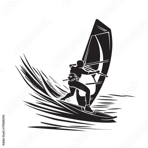 Wind surfing in cartoon, doodle style . Image for t-shirt, web, mobile apps and ui. Isolated 2d vector illustration in logo, icon, sketch style, Eps 10, black and white. AI Generative