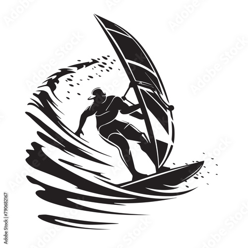 Wind surfing in cartoon, doodle style . Image for t-shirt, web, mobile apps and ui. Isolated 2d vector illustration in logo, icon, sketch style, Eps 10, black and white. AI Generative