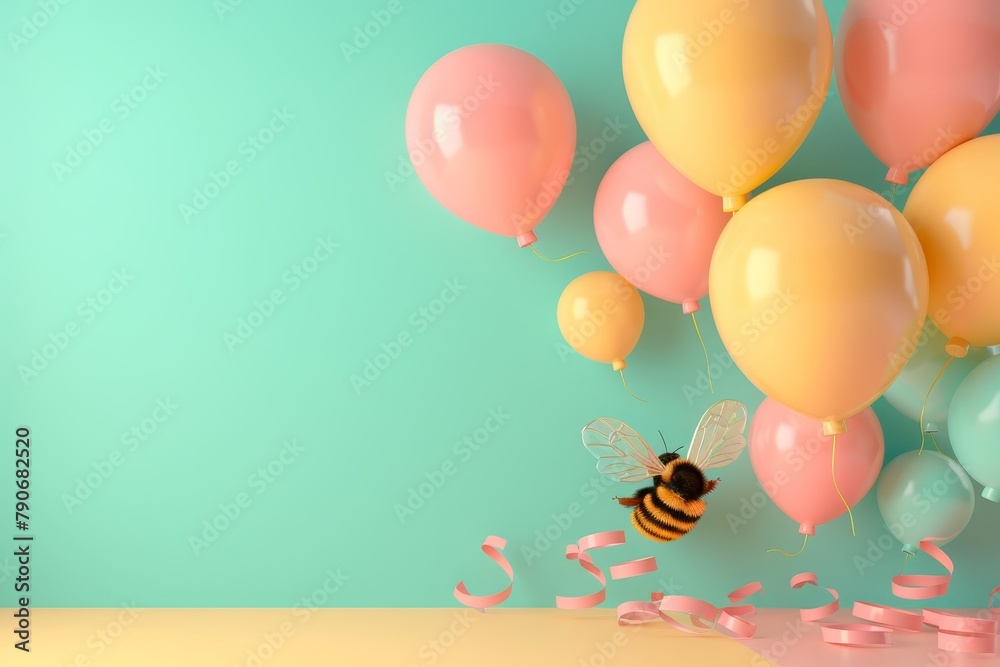 A bee is flying in front of a bunch of balloons - obrazy, fototapety, plakaty 