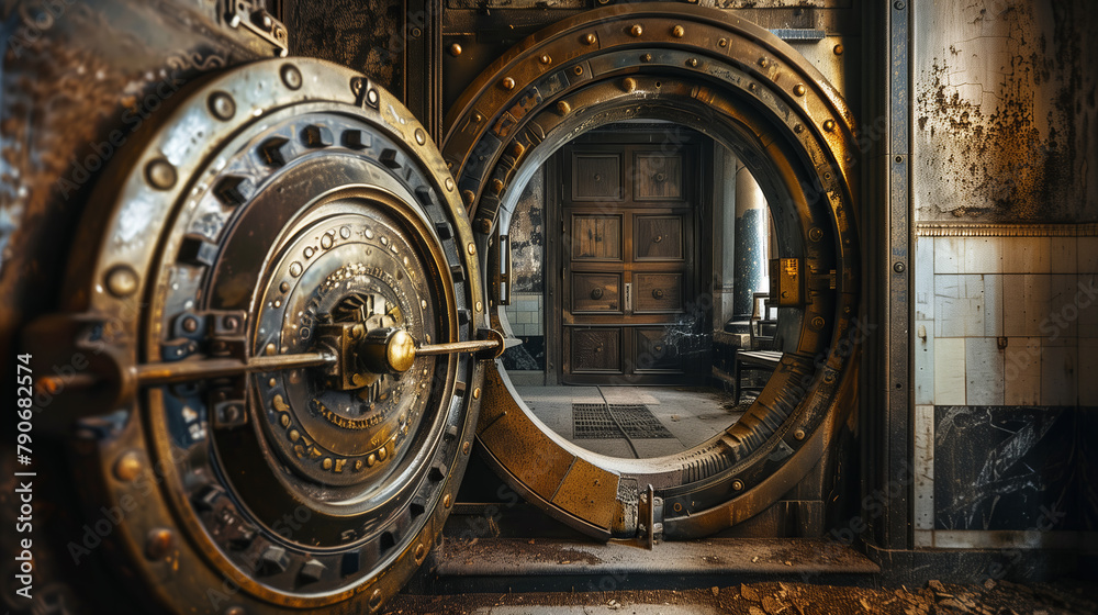 An antique, ornate vault door standing ajar, revealing a glimpse of the mysterious contents within, evoking themes of security and wealth