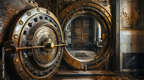 An antique  ornate vault door standing ajar  revealing a glimpse of the mysterious contents within  evoking themes of security and wealth