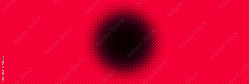 Naklejka premium Czerwono - czarny półton, halftone z czarną, rozmytą kulą. Złudzenie optyczne. Bezszwowe tło, Baner, miejsce na tekst.