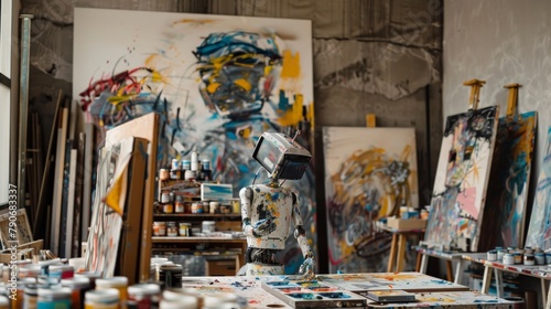 A robot artist creating paintings in an art studio, surrounded by canvases