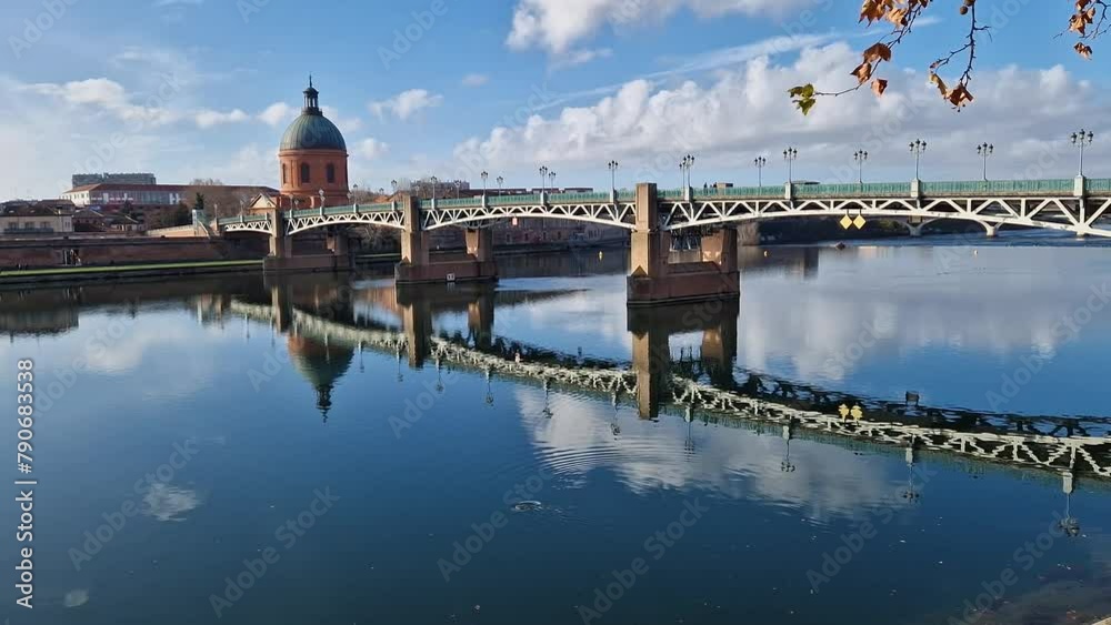 Morning Tranquility under a Blue Sky: Hôpital de La Grave by the Garonne River in Toulouse Saint pierre Bridge.