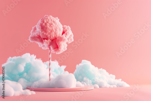 A fluffy pink and blue cloud with a stick in the middle