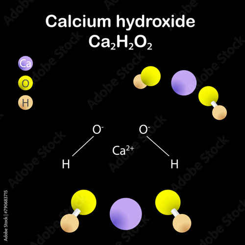 Calcium hydroxide (slaked lime). Formula Ca(OH)2.It has many names including hydrated lime,caustic lime, builders' lime, slack lime.3d illustration.The molecule is represented in different structures.