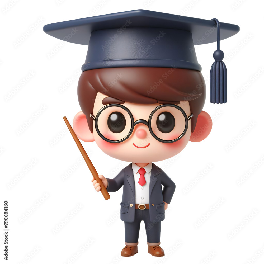 Obraz premium Cute Student Cartoon with Graduation Cap Isolated on Transparent Background