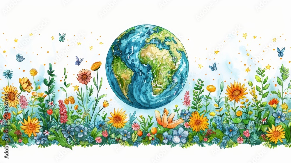 Fototapeta premium This is a happy Earth day concept, 22 April, element modern set. Save the earth, globe, recycle symbol in simple drawing doodle style. Ideal for web, banners, campaigns, and social media posts.