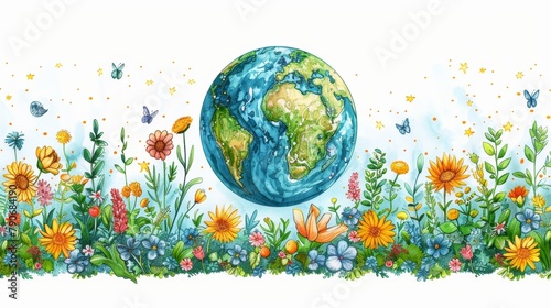 This is a happy Earth day concept, 22 April, element modern set. Save the earth, globe, recycle symbol in simple drawing doodle style. Ideal for web, banners, campaigns, and social media posts. © DZMITRY