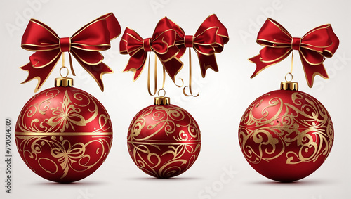 A red Christmas ornament with a gold bow on a white background.

