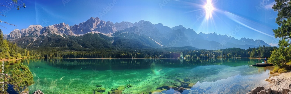 An incredible view of the German lake Eibsee, drenched in sunlight and encircled by mountains.
