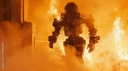 A robotic firefighter navigating through smoke and flames in a training simulation