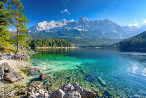 An incredible view of the German lake Eibsee  drenched in sunlight and encircled by mountains.