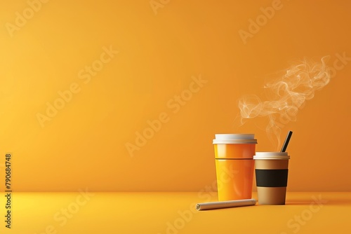 A cup of coffee with a straw and a pack of cigarettes next to it photo