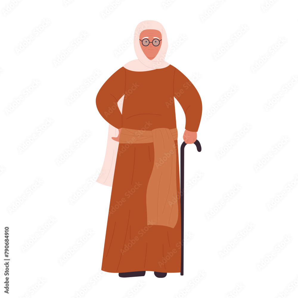 Elderly Muslim grandmother in traditional clothes with cane, senior woman standing vector illustration