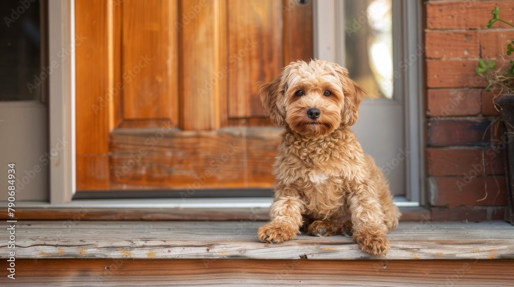 Puppy dog patiently sit by front door of house waiting owner Stock ...