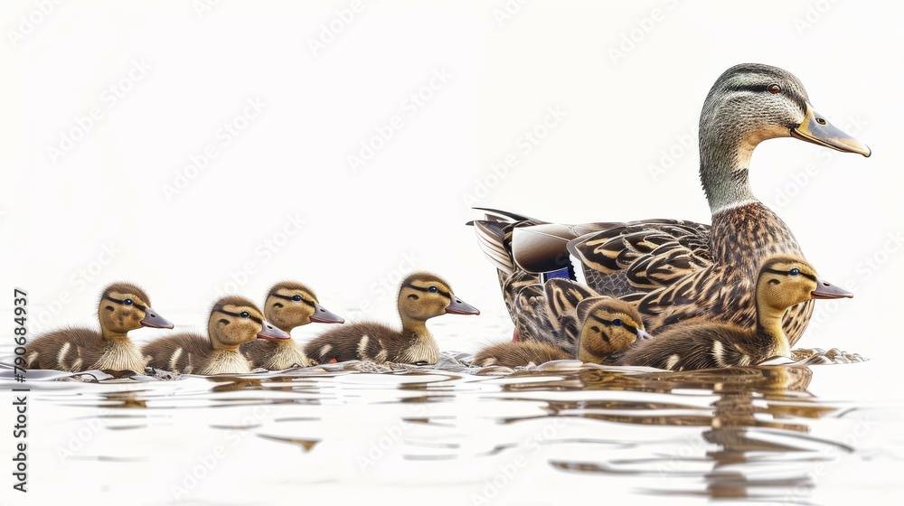 A mother duck is leading her ducklings through the water A mother duck is leading her ducklings through the water