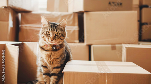 Cat in cardboard box at home. Moving with pets concept photo