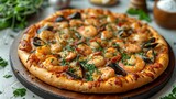 Against a backdrop of tranquility, a picturesque scene unfolds: a delectable seafood pizza topped with juicy shrimp and tender mussels-2