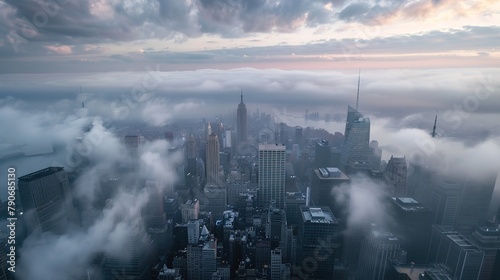 Top view of New York skyline in cloudy day at sunset. Skyscrapers of NYC in the fog. Stunning and magnificent view of famous city