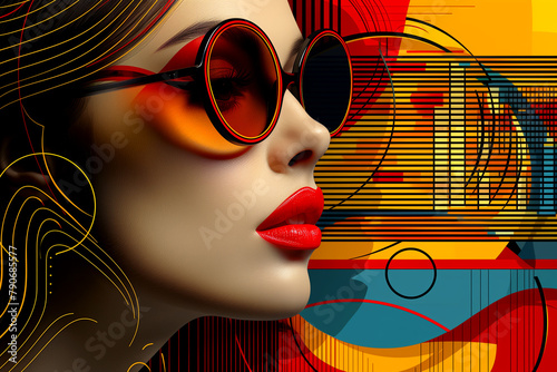 A woman with red lipstick and sunglasses stands out on a colorful background