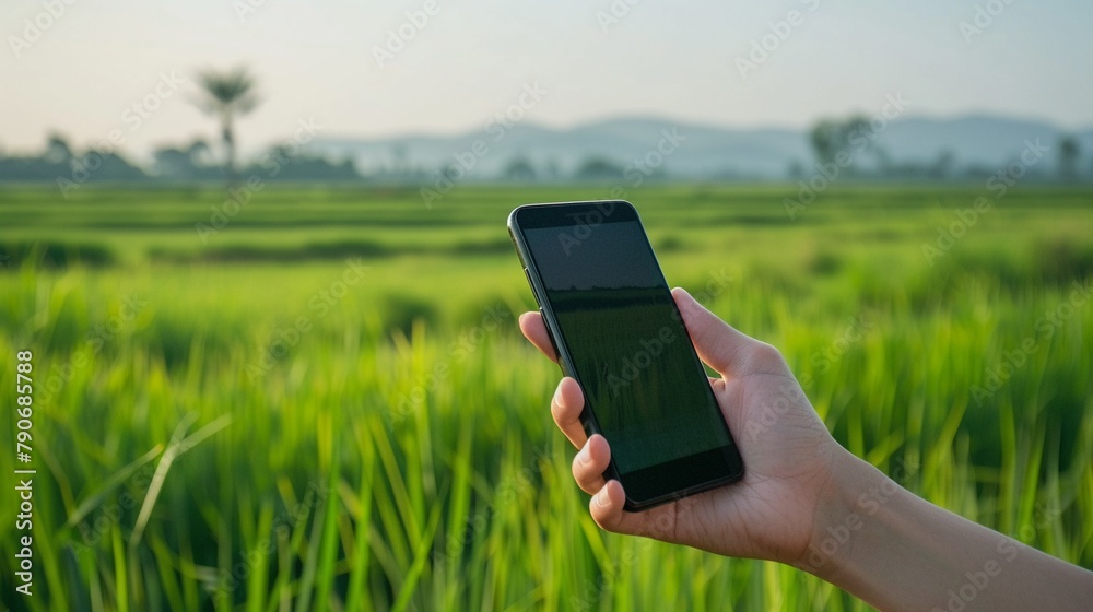 Hand holding a smartphone in green fields tech meets agriculture