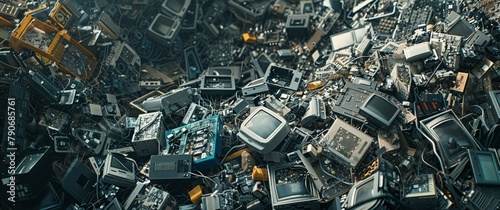 E-waste pileup, discarded tech, environmental message, wide shot. photo