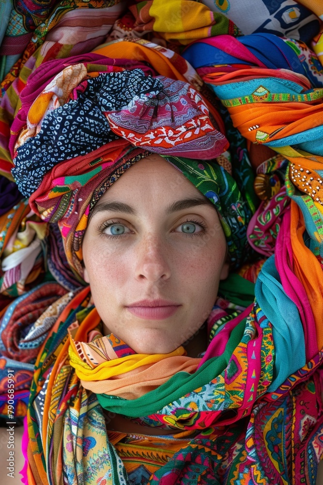 Woman with colorful headscarf fabric piles