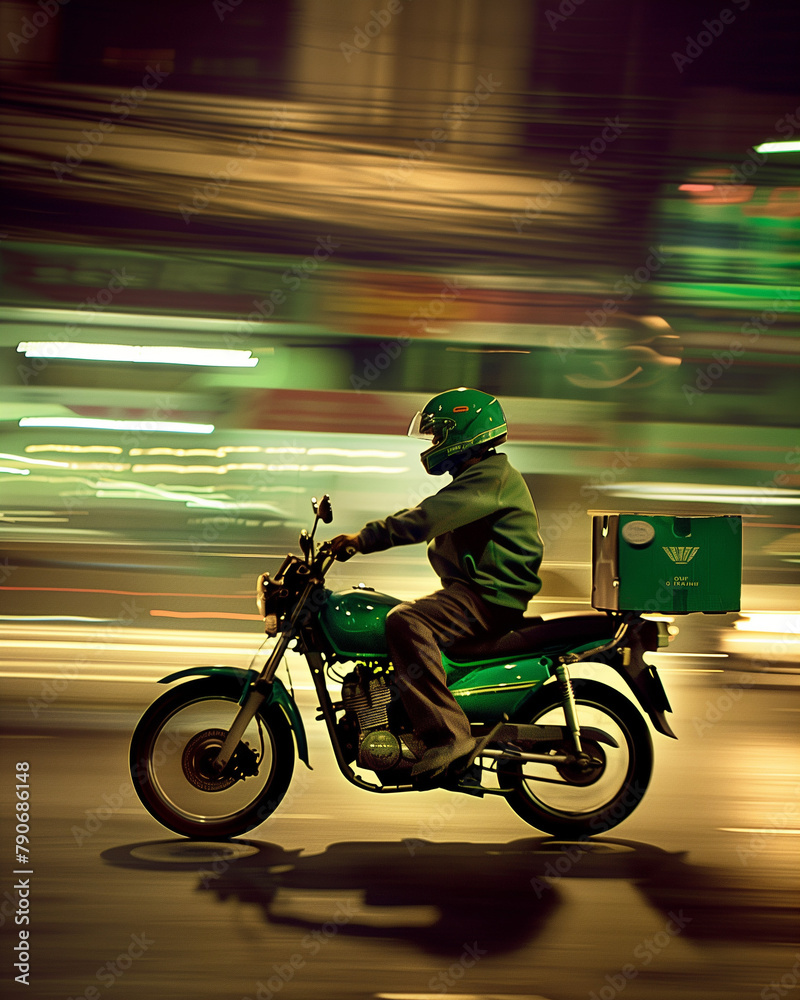 A man rides a vibrant green motorcycle while wearing a matching green helmet, with a green box attached to the back. The cohesive green color scheme adds a unique and striking visual element 