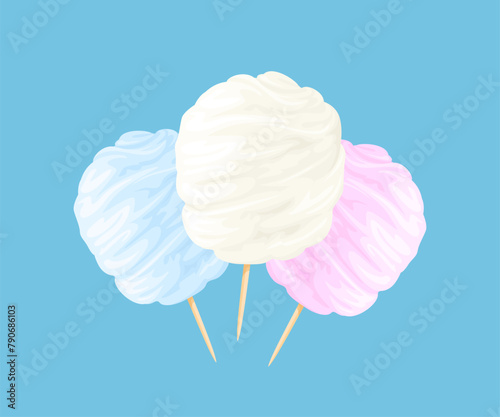 Cotton candy in white, pink and blue colors. Vector cartoon illustration of sweets.