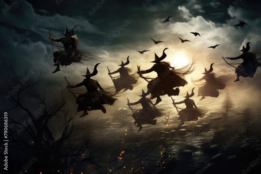 Witches flying on broomsticks across the moon. Witches flying on broomsticks across the moon.