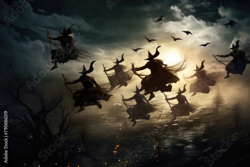 Witches flying on broomsticks across the moon. photo
