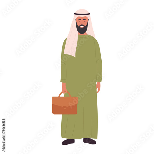 Arab businessman in traditional Muslim outfit holding briefcase and standing vector illustration