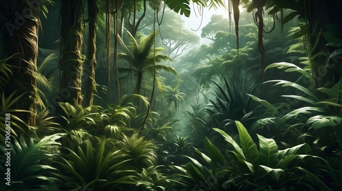 lush jungle with tall trees and green foliage