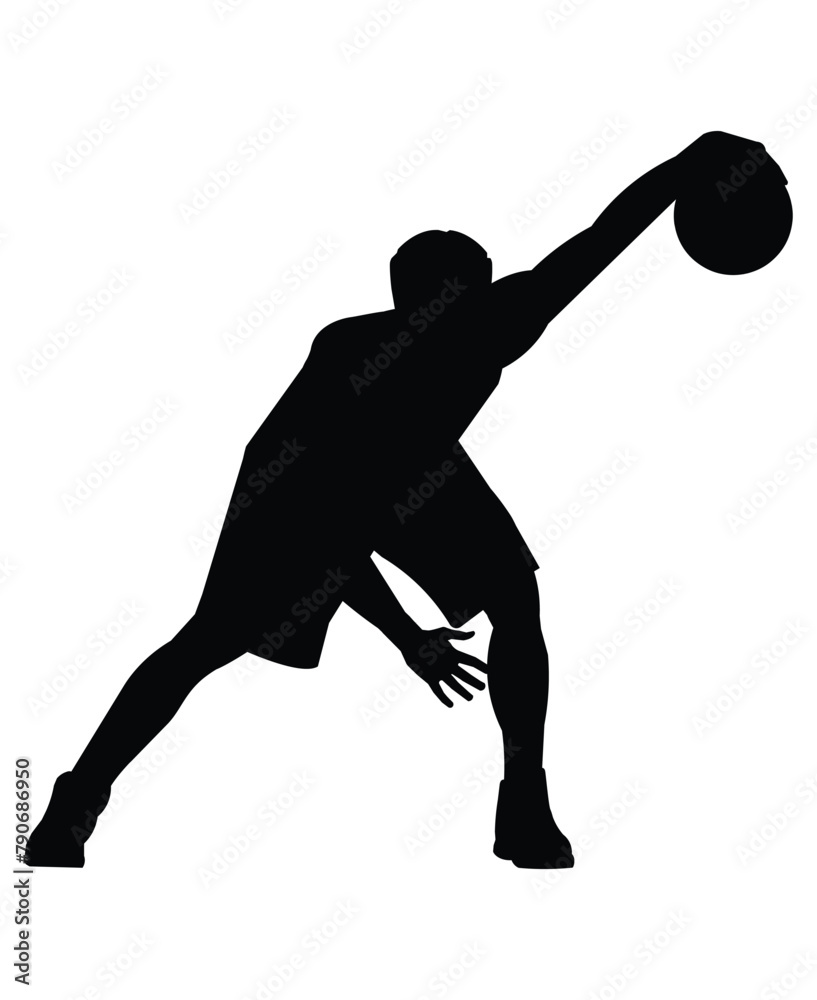 Silhouette of a basketball player who stand with the ball in hs hand and performs a crossover jab - obrazy, fototapety, plakaty 
