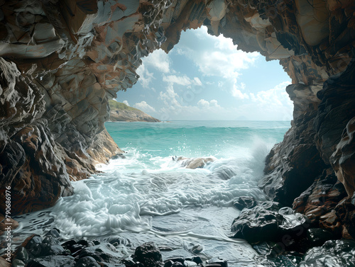 a sea cave, turqouise waves crashing against rugged cliffs photo