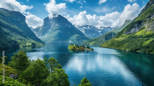 A pristine lake with an island and snow-capped mountains under a clear blue sky