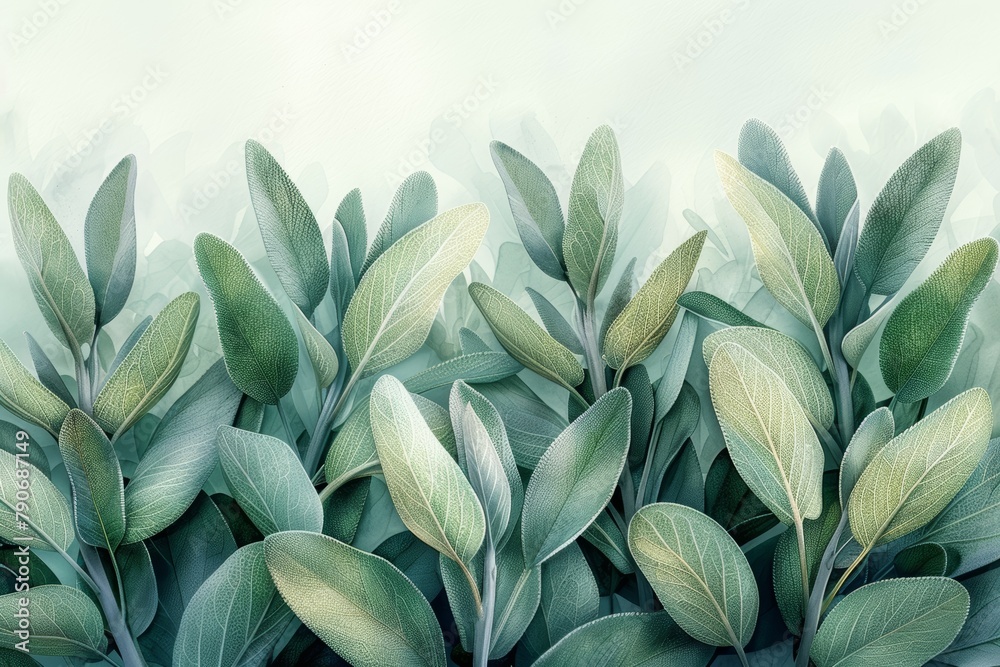 Calming Sage: A close-up of sage leaves with their velvety texture and soothing aroma, painted in a realistic watercolor style with soft washes and intricate details on a white background - obrazy, fototapety, plakaty 
