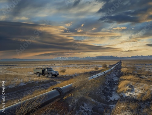 A 4x4 vehicle parked near a pipeline in a vast wilderness as the sunset paints dramatic clouds.