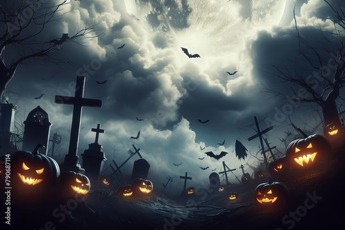 graveyard with a cross and a bunch of bats flying around