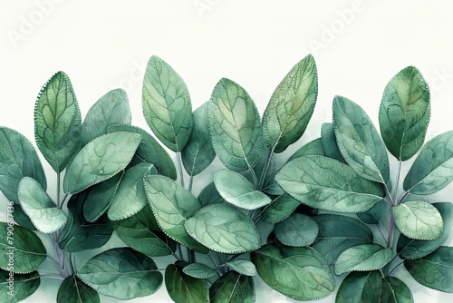 Calming Sage: A close-up of sage leaves with their velvety texture and soothing aroma, painted in a realistic watercolor style with soft washes and intricate details on a white background