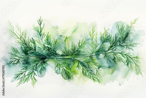 Fragrant Dill: A sprig of dill with its delicate leaves and feathery texture, painted in a realistic watercolor style with soft washes and subtle details on a white backgroun