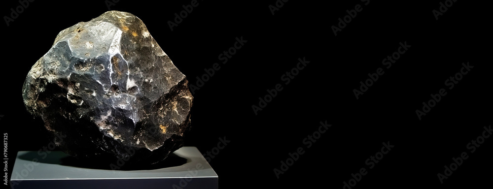 Gersdorffit is rare precious natural stone on black background. AI generated. Header banner mockup with space.