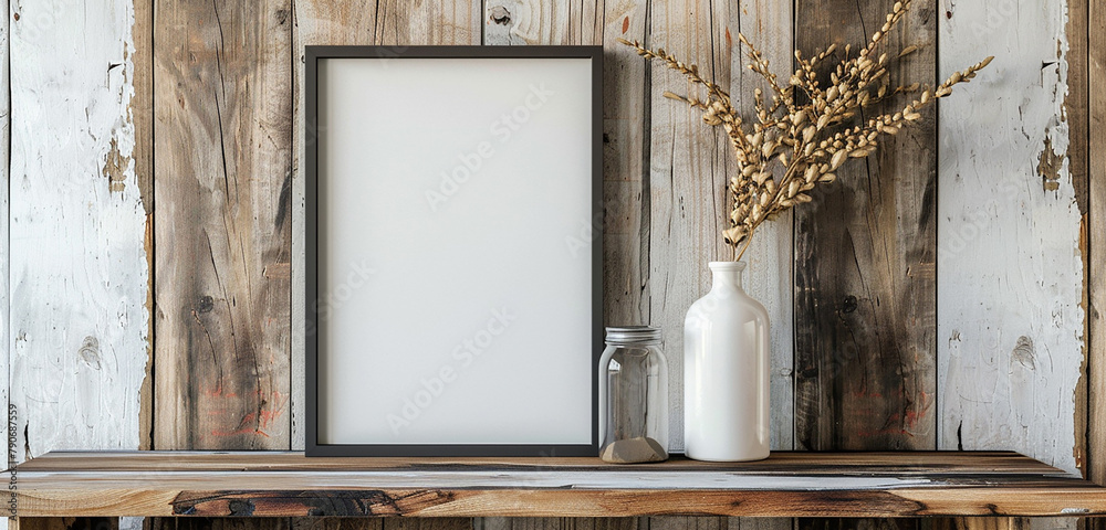 Macro shot of a poster frame mock up on a rustic shelf with mason jar vase. - obrazy, fototapety, plakaty 
